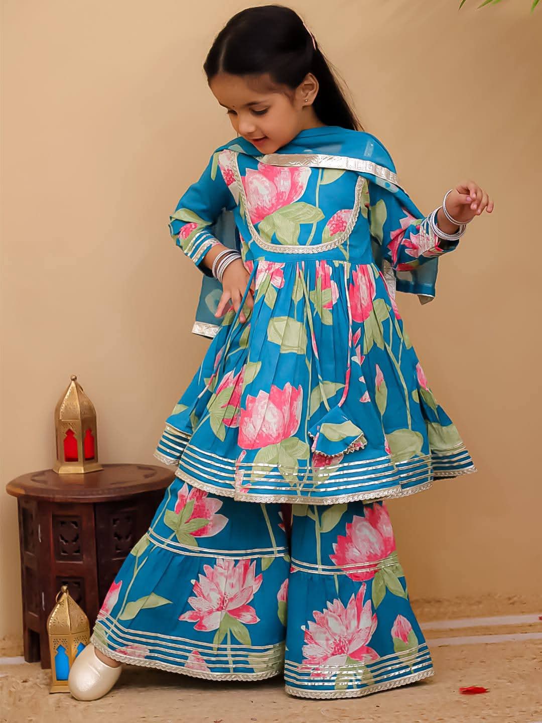 Blue Lotus Print Sharara Set
