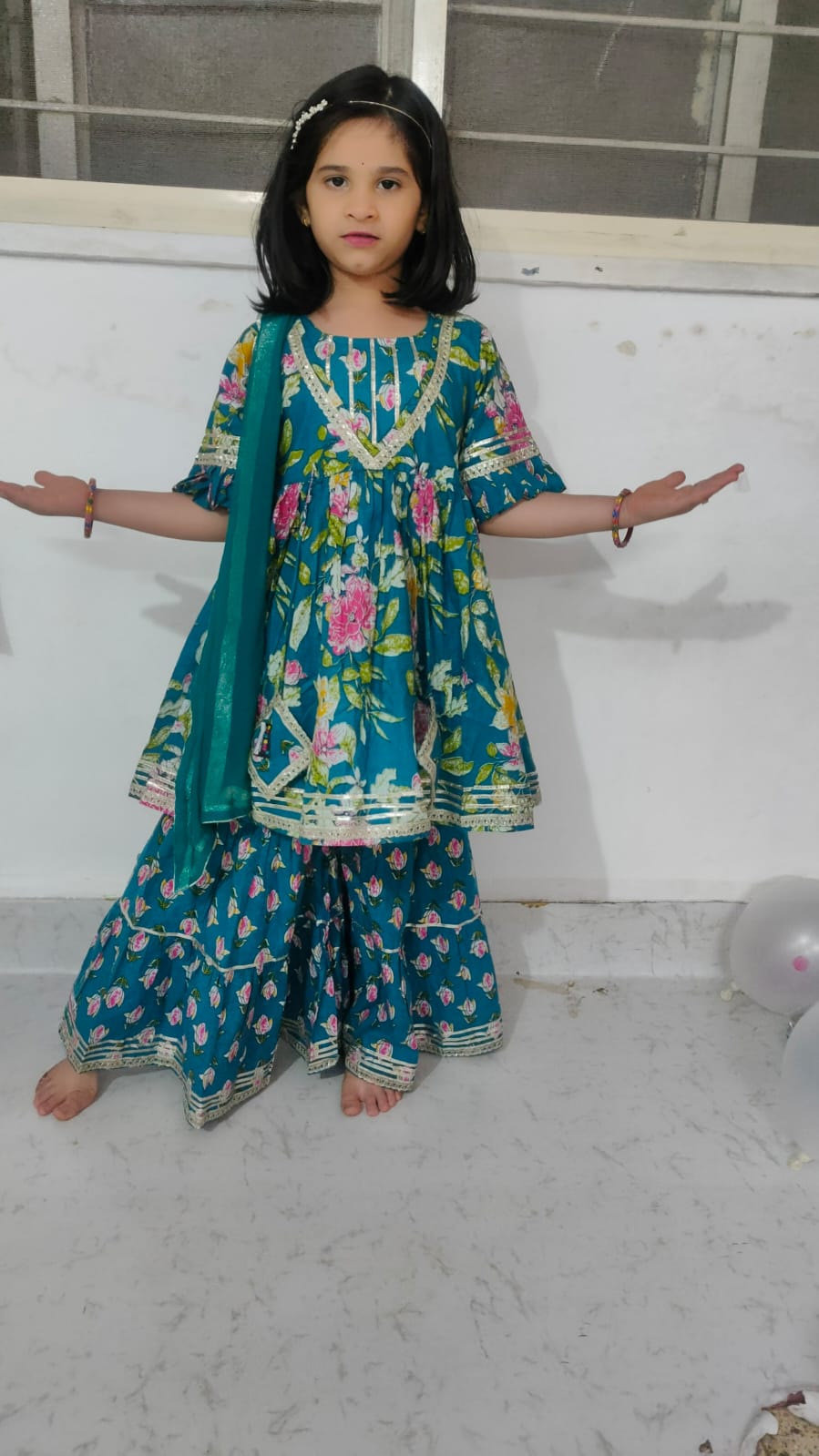 Blue Flower Print Sharara Set