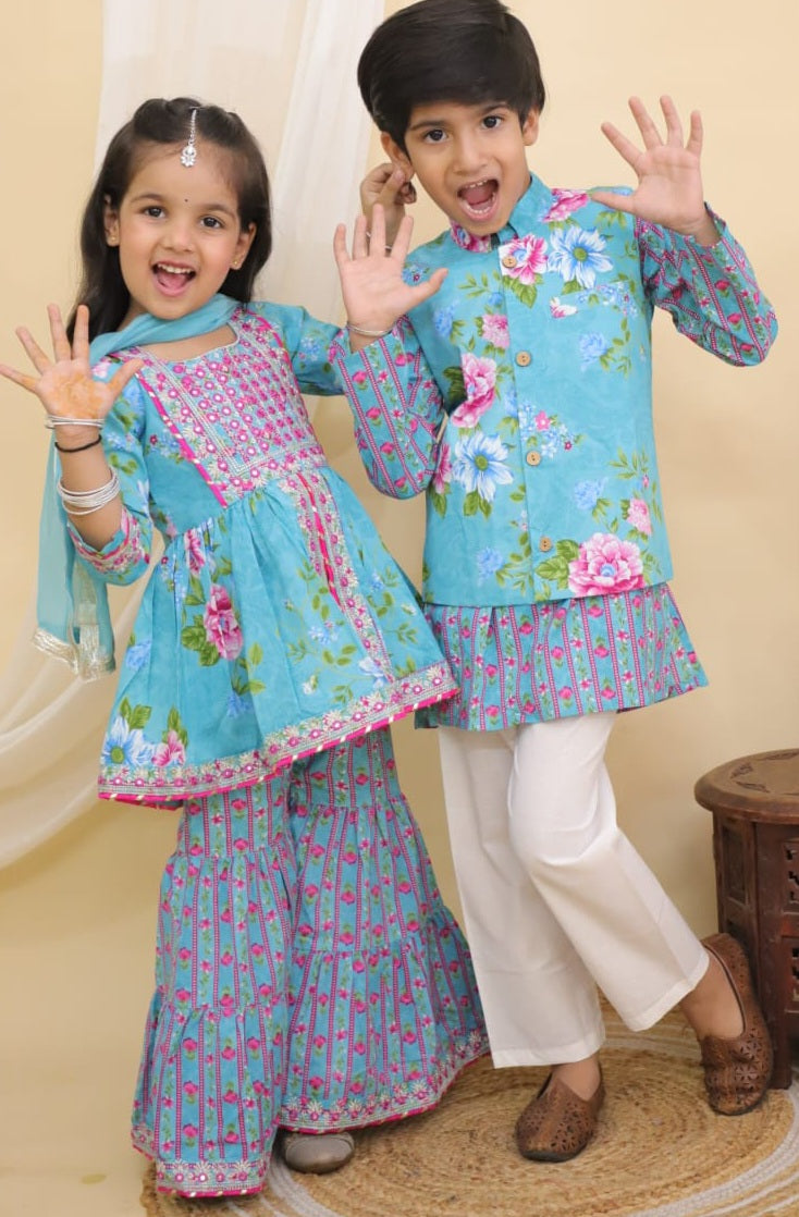 Blue Mirror Work Girl Sharara Dress