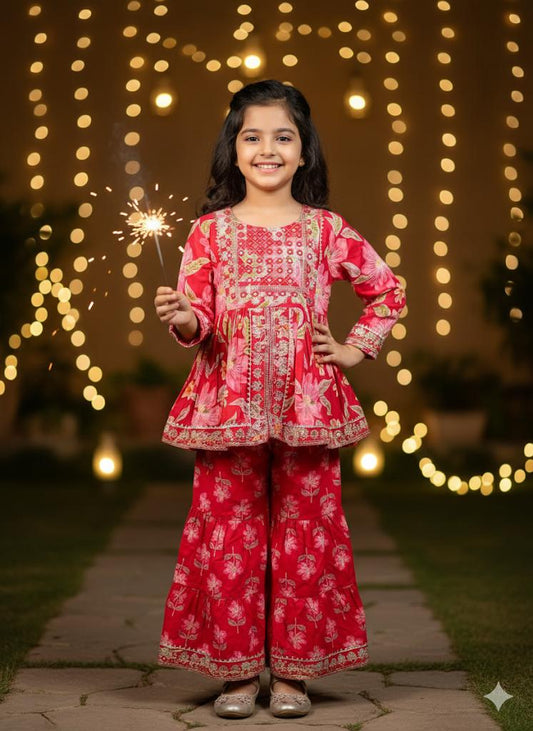 Red Embroidery work Sharara Dress