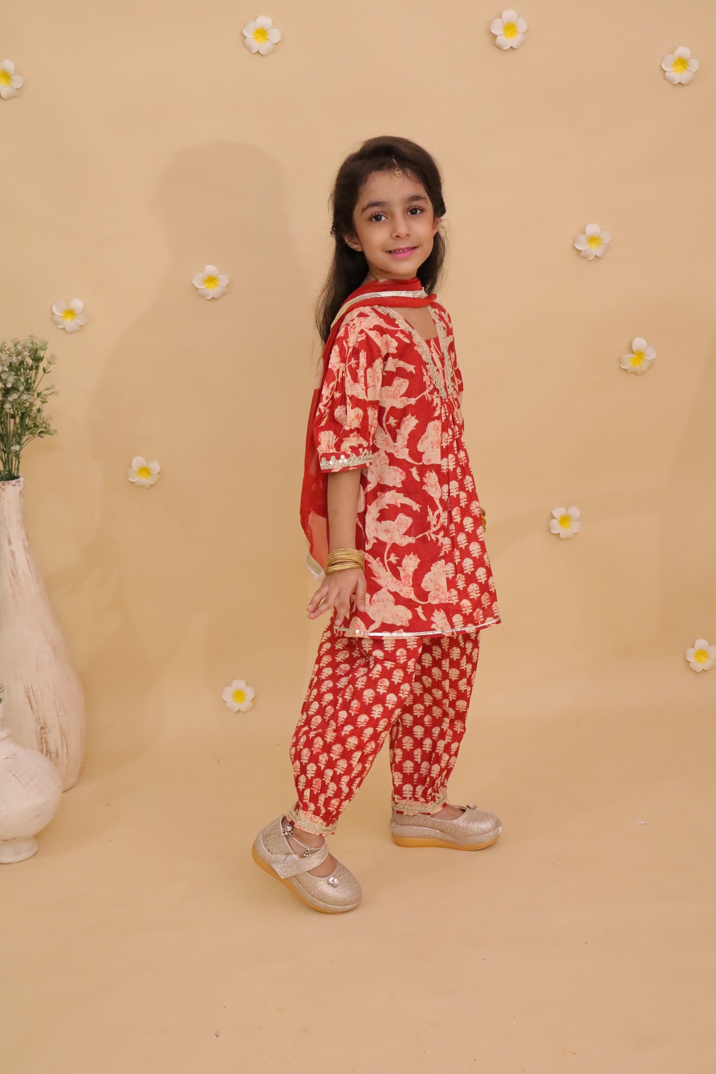 Red Flower Print Kurta Set