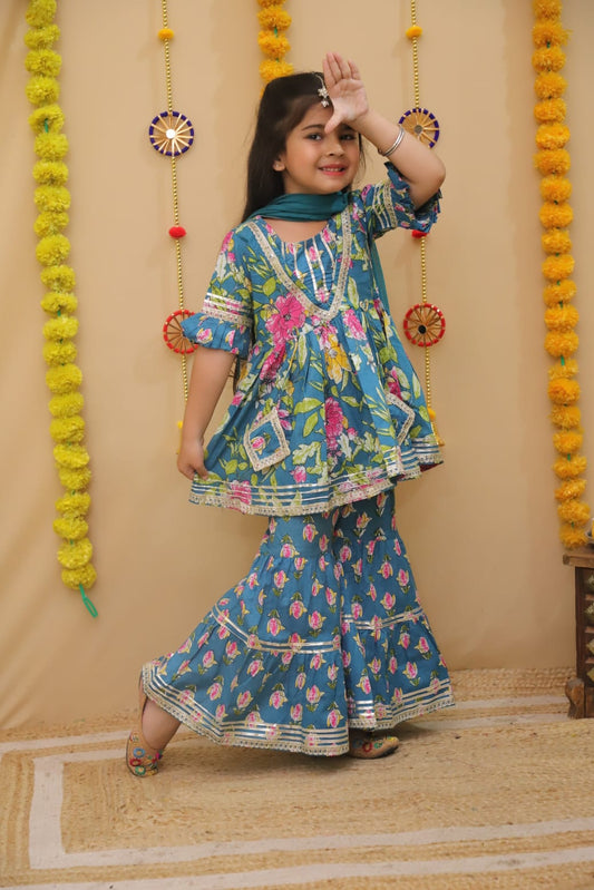 Blue Flower Print Sharara Set