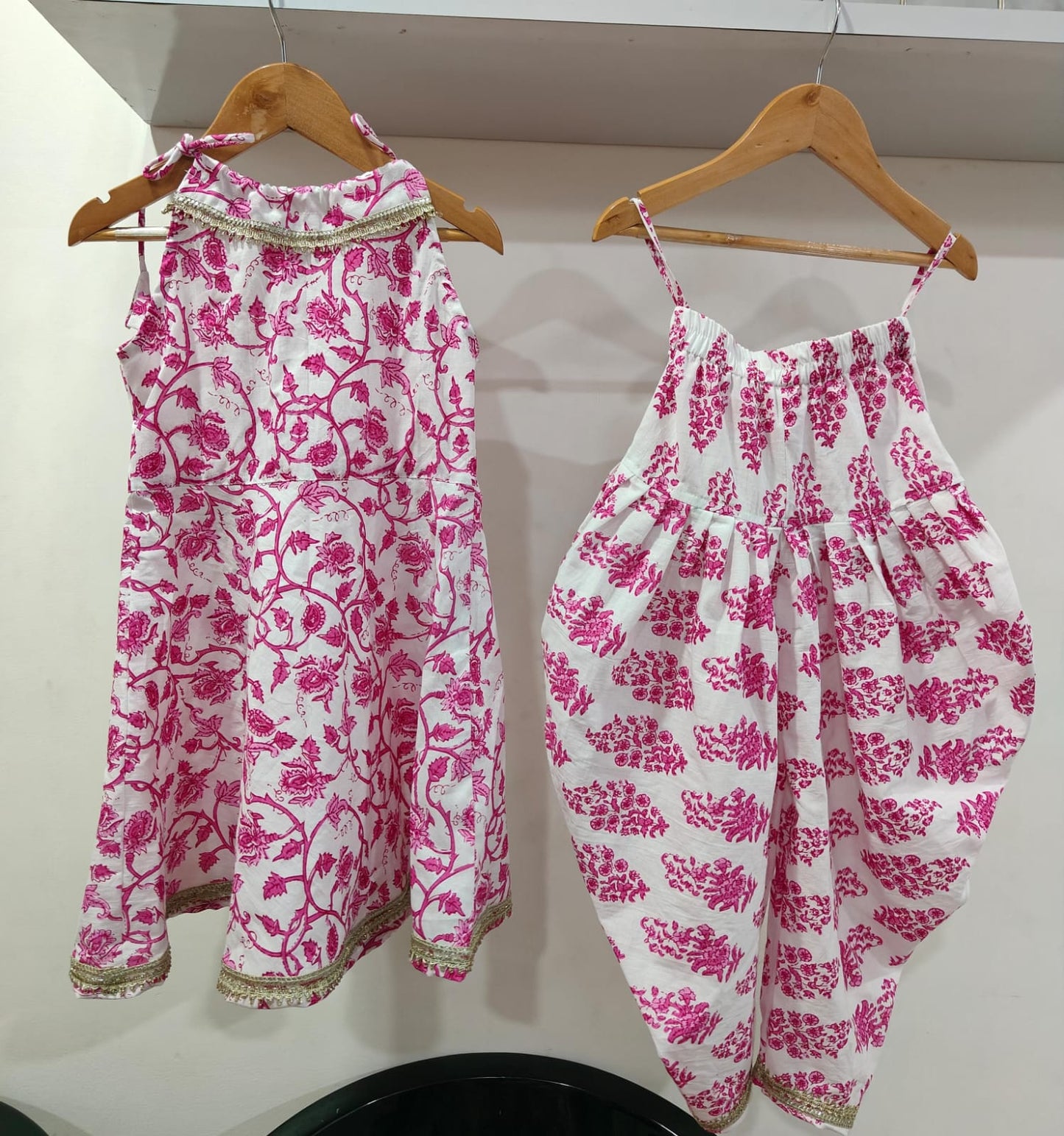 White Pink Flower Dhoti Set