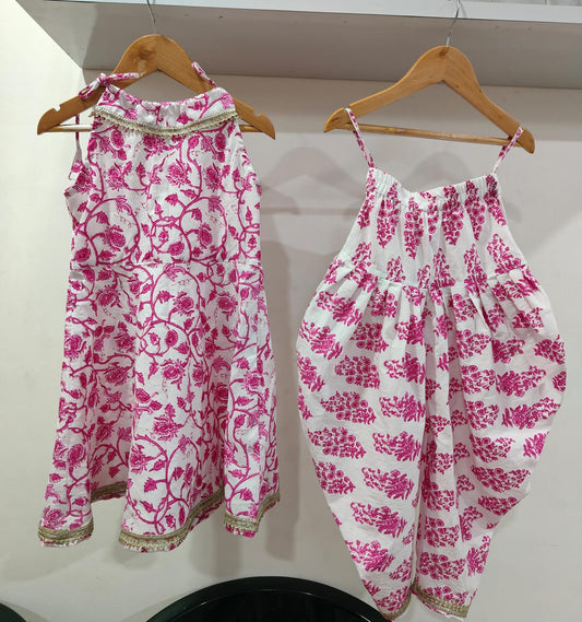 White Pink Flower Dhoti Set