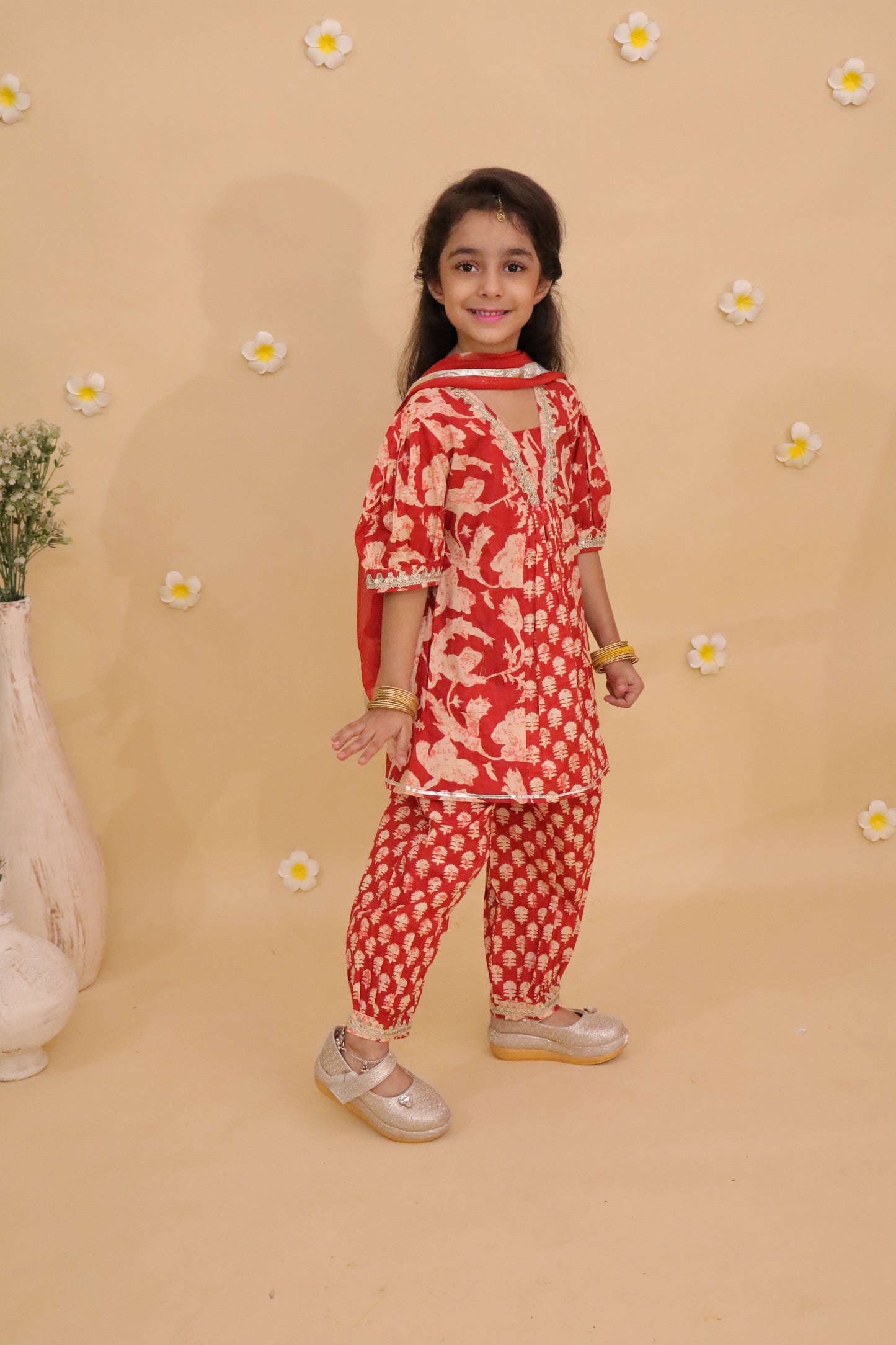 Red Flower Print Kurta Set