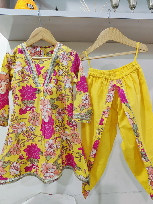 Flower Print Yellow Dhoti Set